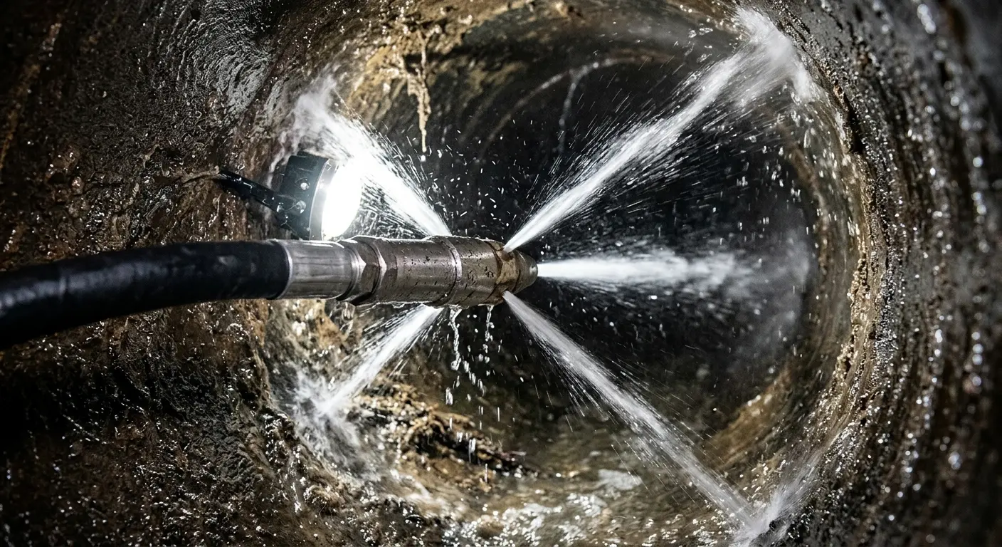 High-pressure hydro jetting nozzle cleaning sewer pipe for Sewer Cleanout in Baytown
