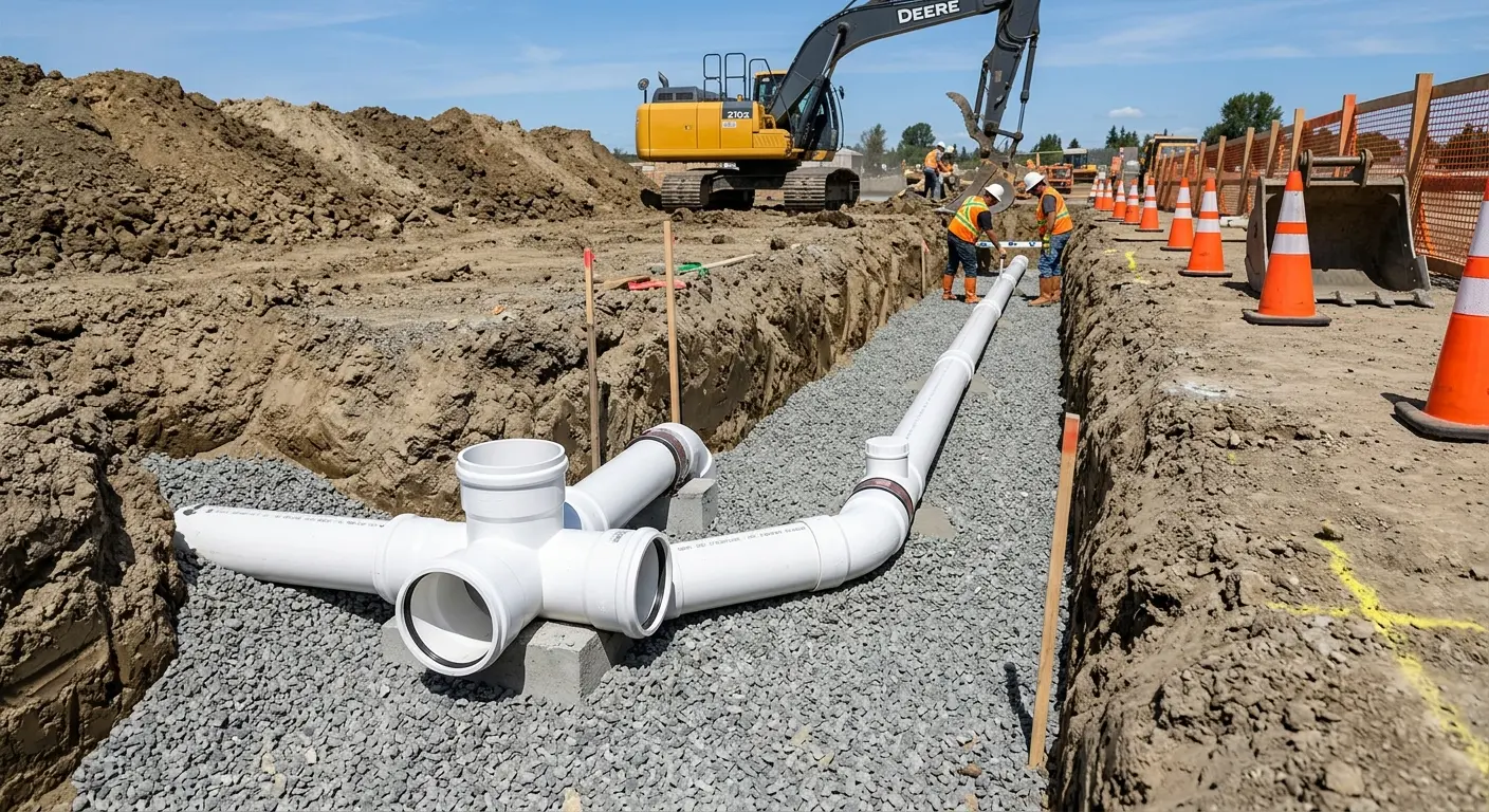 New PVC sewer pipe installation in open trench for Sewer Backup in Baytown