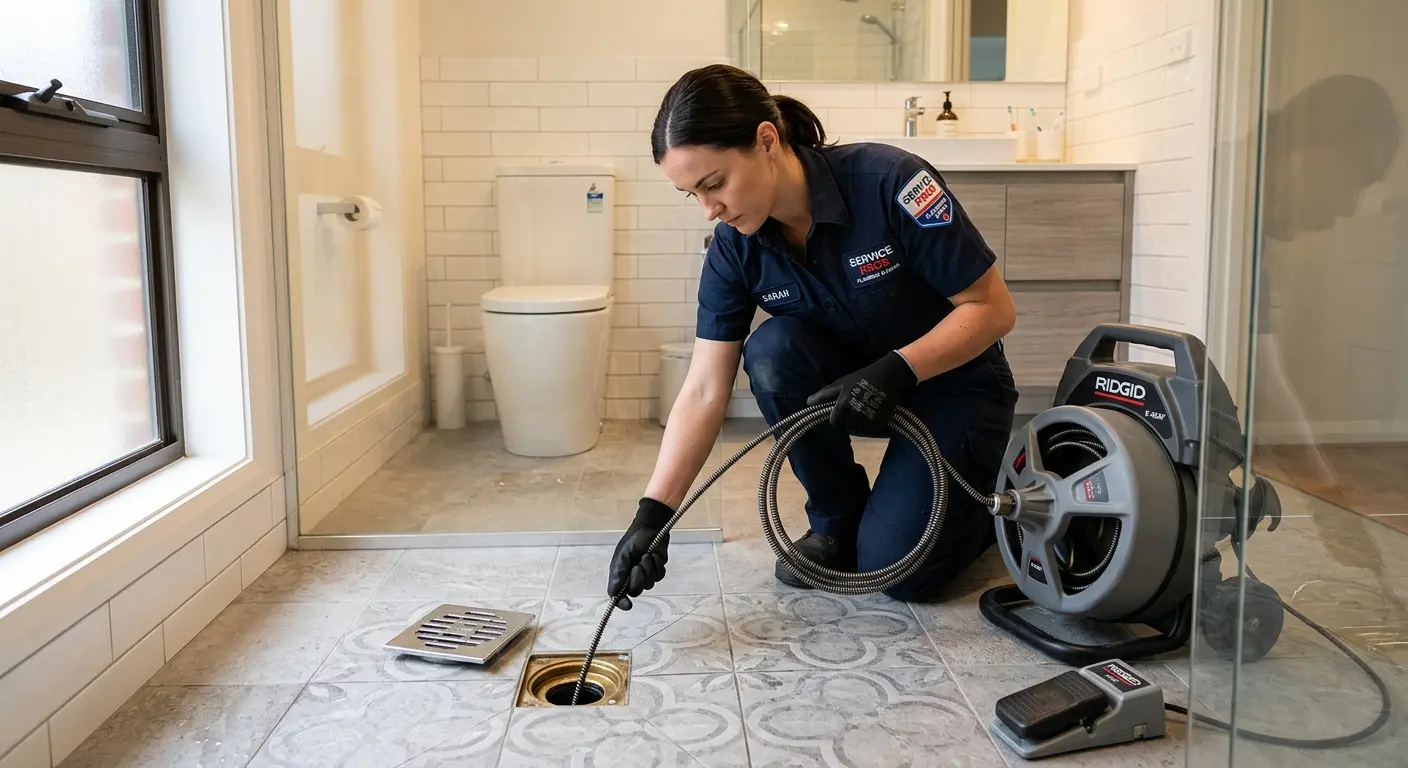 Technician clearing a bathroom floor drain for Sewer Line Replacement in Baytown
